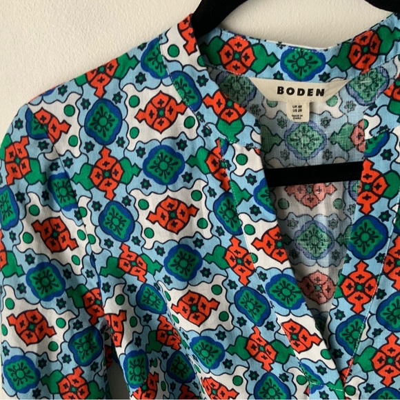 BODEN Cleo Linen Tie Waist Dress Ivory Amalfi Print Preppy Boho Red Blue Size 2 - Picture 8 of 13